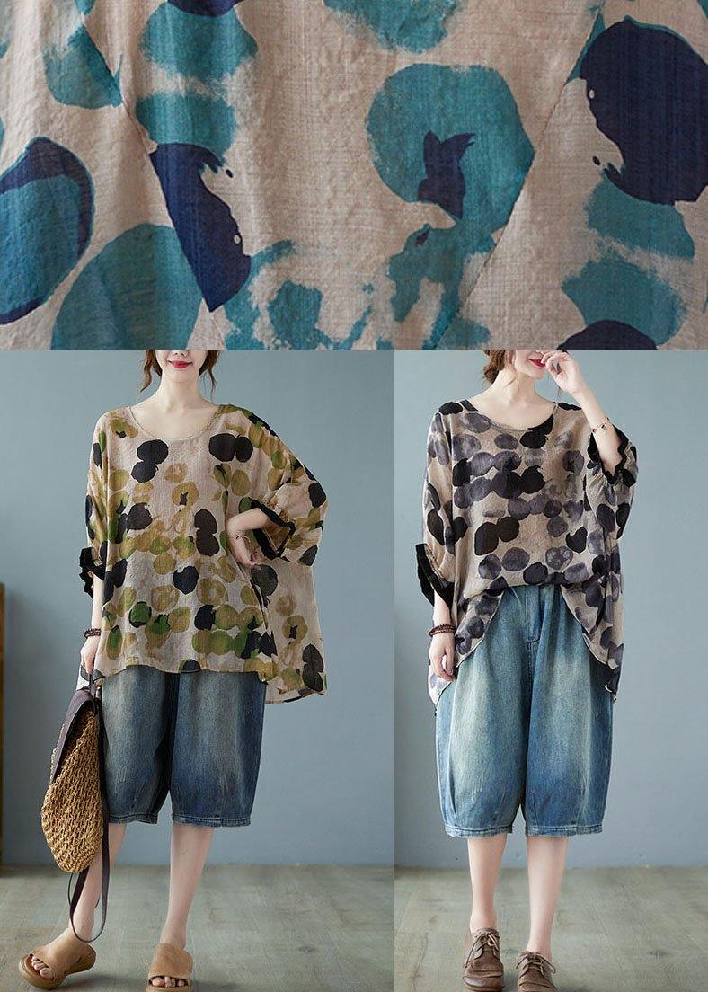 Loose Blue Dotted Batwing Sleeve Cotton Linen Tee