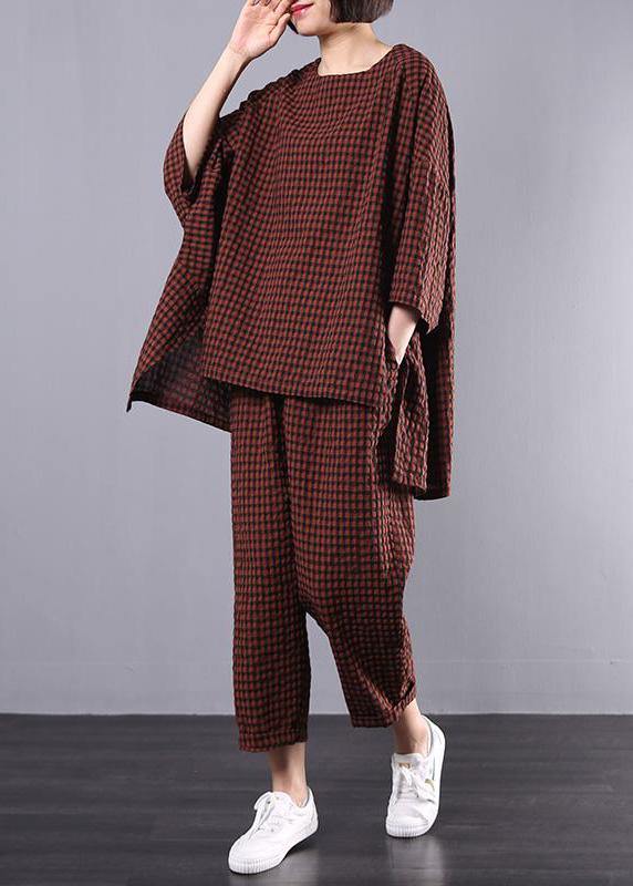 Chic pattern stylish Cotton Linen gray Plaid Vintage Blouse And Pants