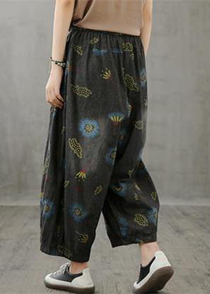 Literary plus size wide-leg pants 2025 autumn new thin yellow printed straight-leg pants