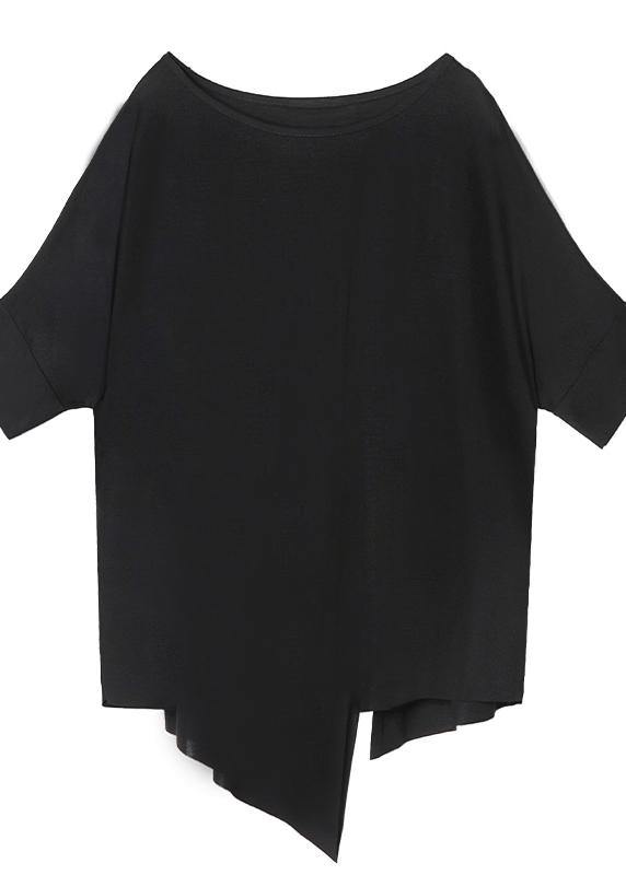 Unique black cotton clothes o neck asymmetric summer shirt