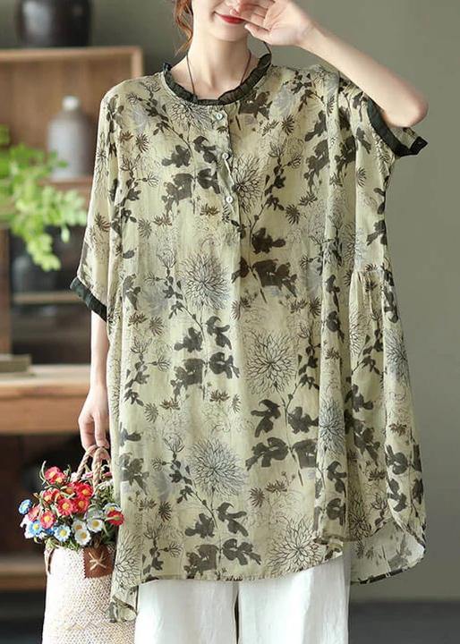 Plus Size-Red Ramie Floral Vintage Women Print Casual Shirt