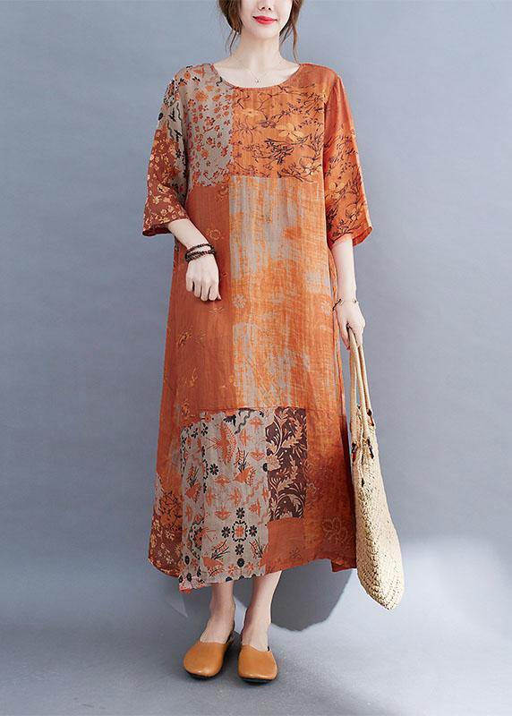 Modern Color Block Loose O-Neck Print Summer Side Open Dress Half Sleeve