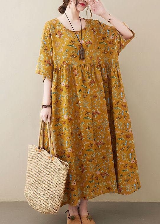 Natural  light Yellow O-Neck Pockets Print Summer Sundress