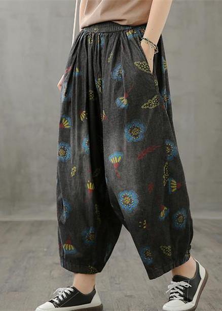 Literary plus size wide-leg pants 2025 autumn new thin yellow printed straight-leg pants