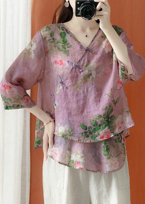 Beautiful Purple Asymmetrical Print cotton blend Blouses Half Sleeve