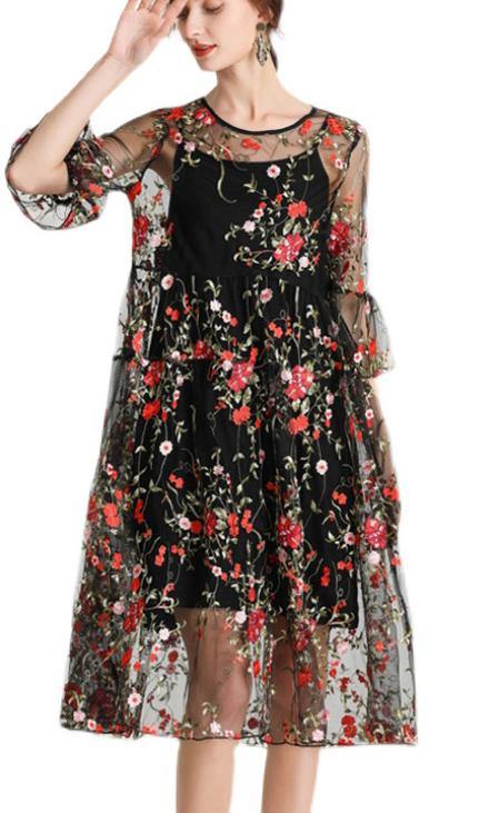 Plus Size Black Embroidery Lace Dress Half Sleeve Women Sets 2 Pieces